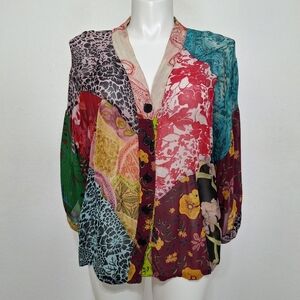 Bohemian Floral Paisley Multi Print V-Neck Patchwork Button Front Silk Blouse 1X